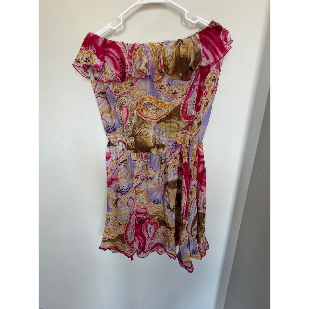 Lani Womens Pink Paisley Off Shoulder Ruffle Mini Dress Boho Open Back Summer